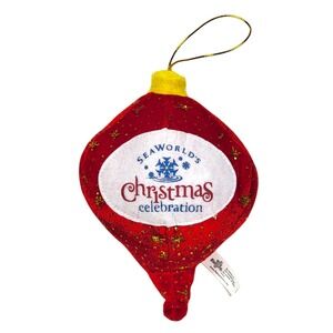 Sea World Christmas Celebration Plush Ornament 2014 Red Gold Glitter Holiday